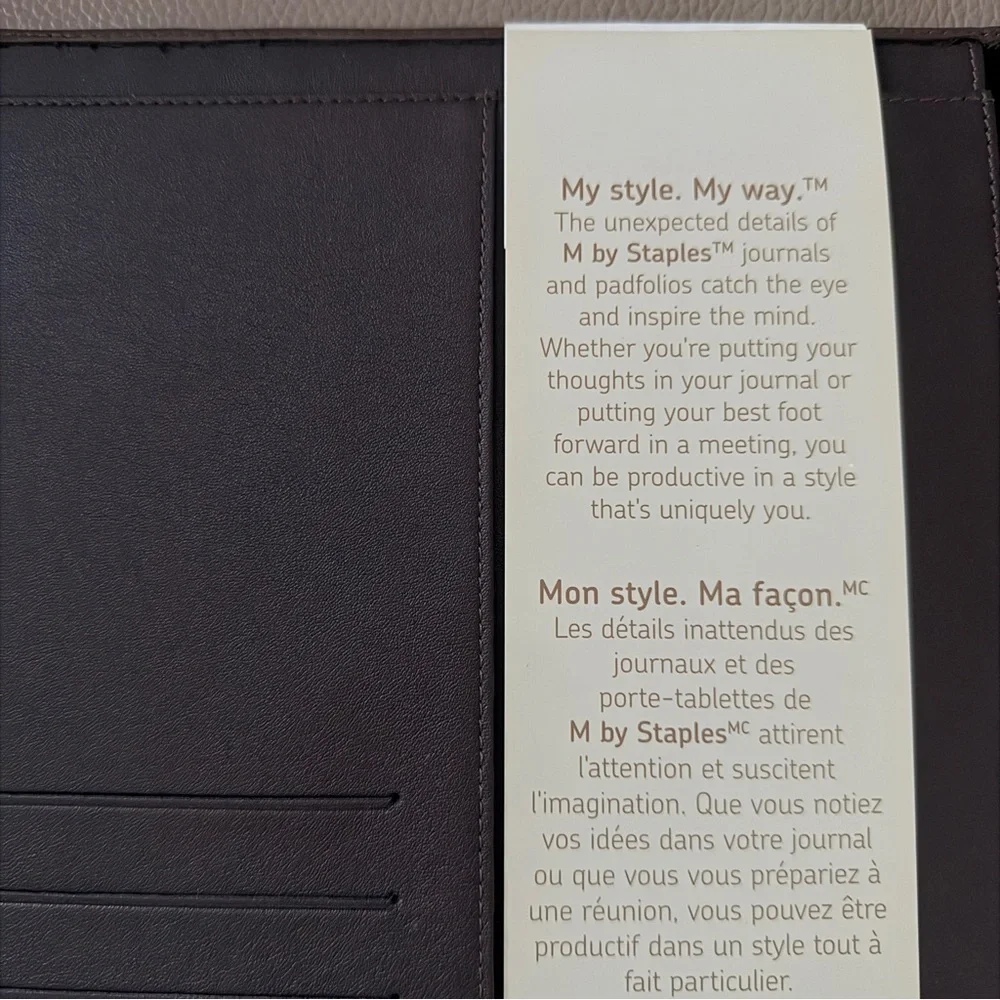 New Padfolio Brown Leather with Notepad, M by Staples with Interior Slit Pockets